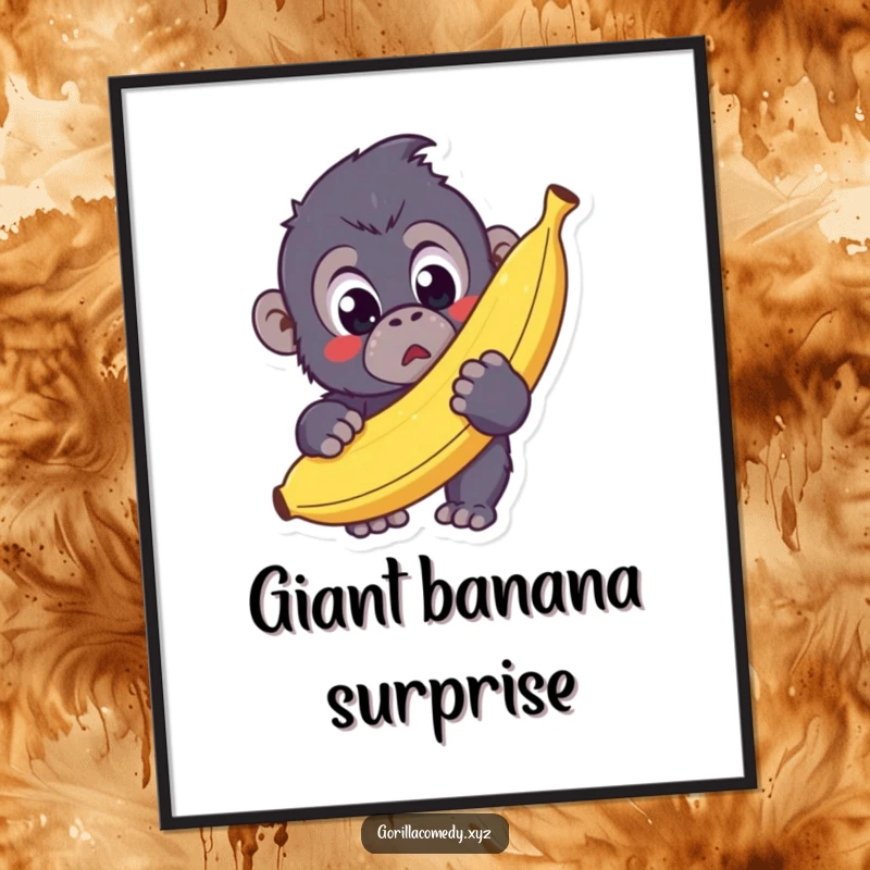 Funny Kawaii Gorilla Digital Art Print of a surprised gorilla holding a giant banana, bringing downloadable cuteness and humor.