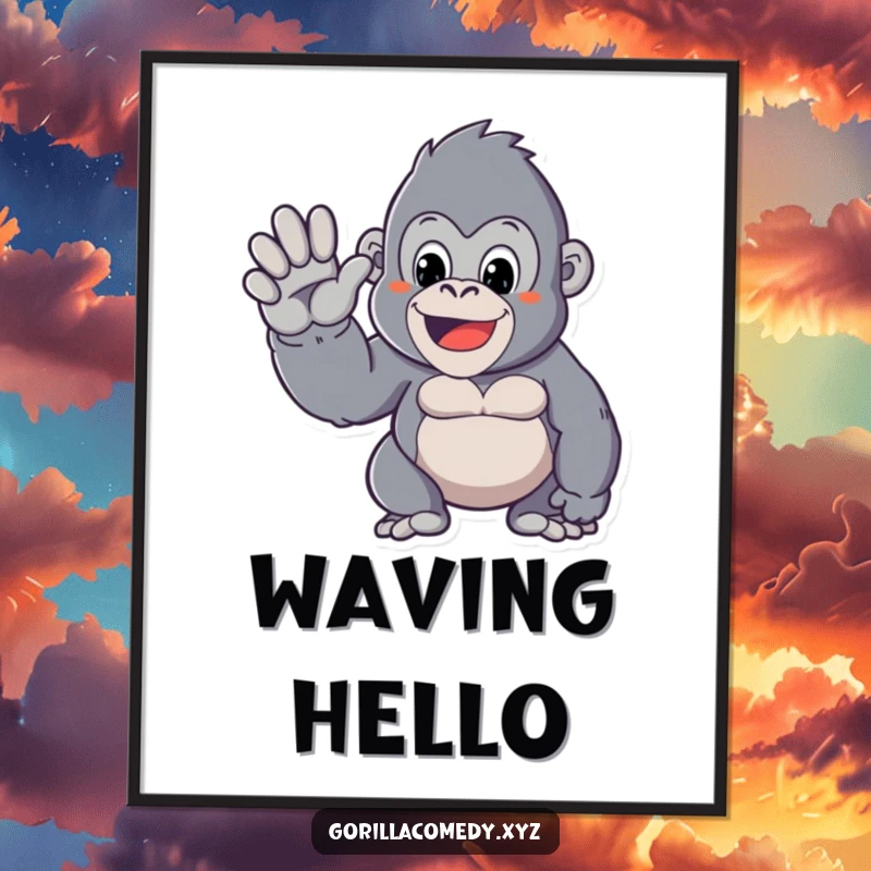 Funny digital art print of a Kawaii gorilla character giving a large, friendly wave with its hand, radiating charm and warmth.