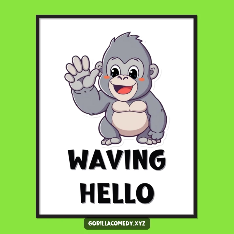 Funny Kawaii Gorilla Digital Art Print: Friendly Wave for Walls!