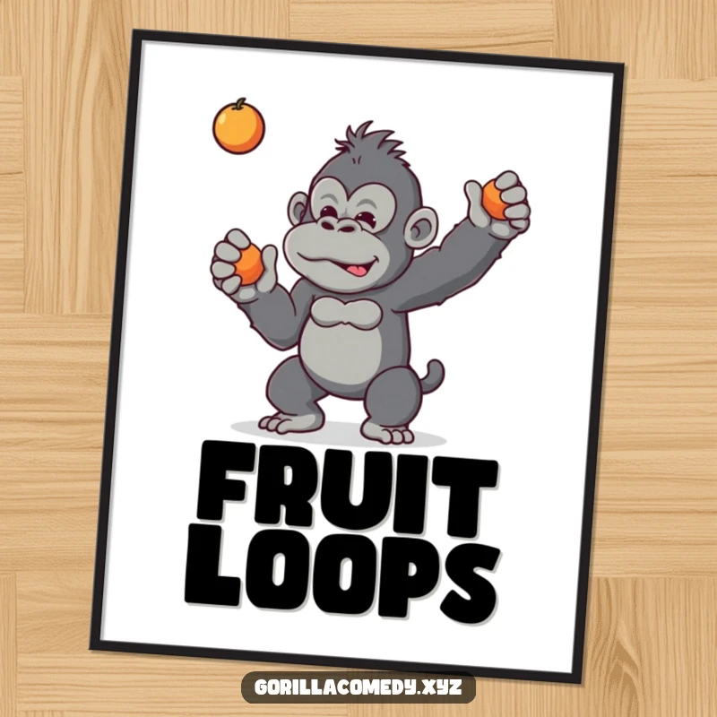Funny digital art print of a mischievous gorilla playfully tossing a piece of fruit, capturing jungle mischief and humor.