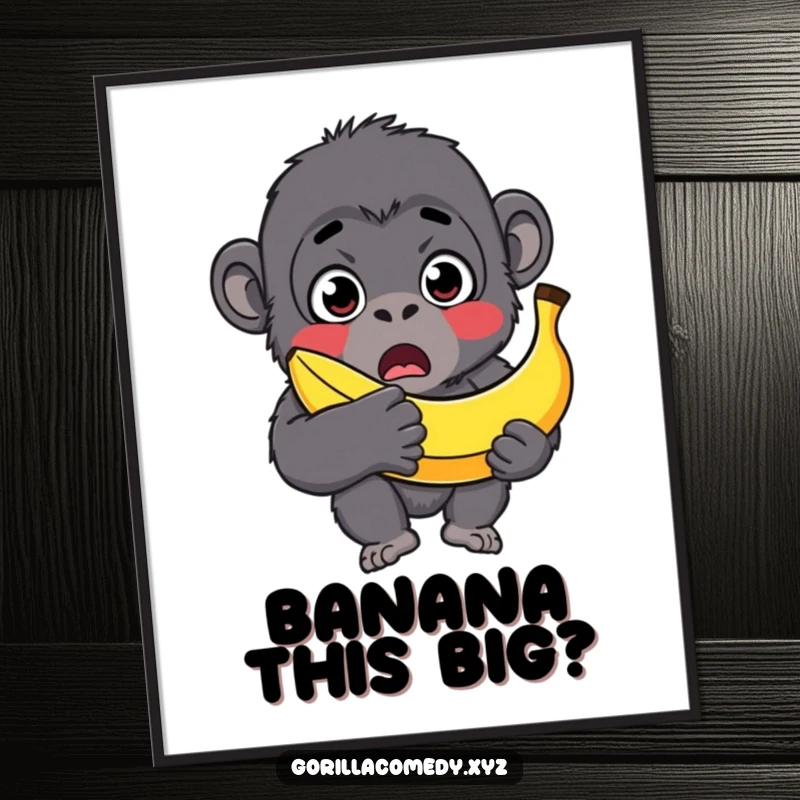 Funny gorilla digital art print, surprised character with wide eyes, holding a comically oversized banana, ready to print.