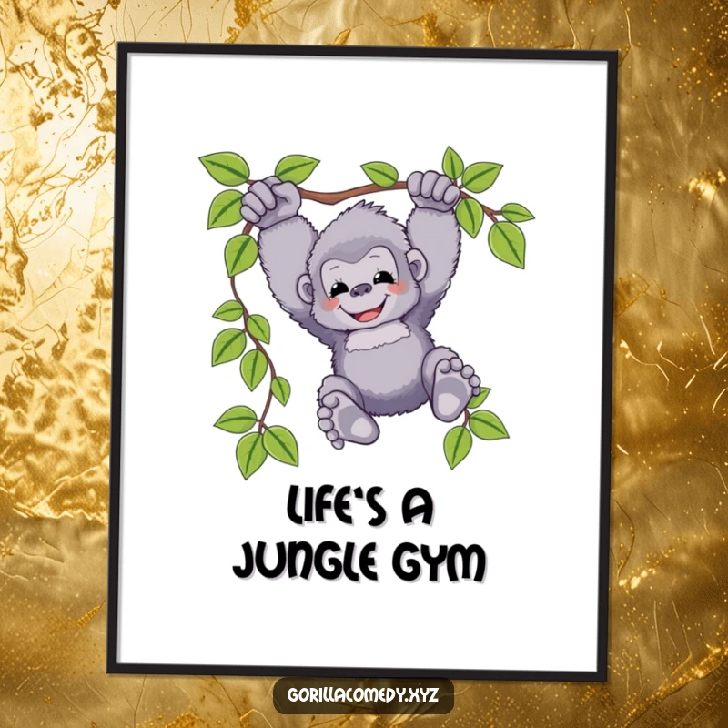 Funny gorilla digital art print of a fluffy ape happily swinging from a vine, feet dangling, perfect for printable wall decor and screens.