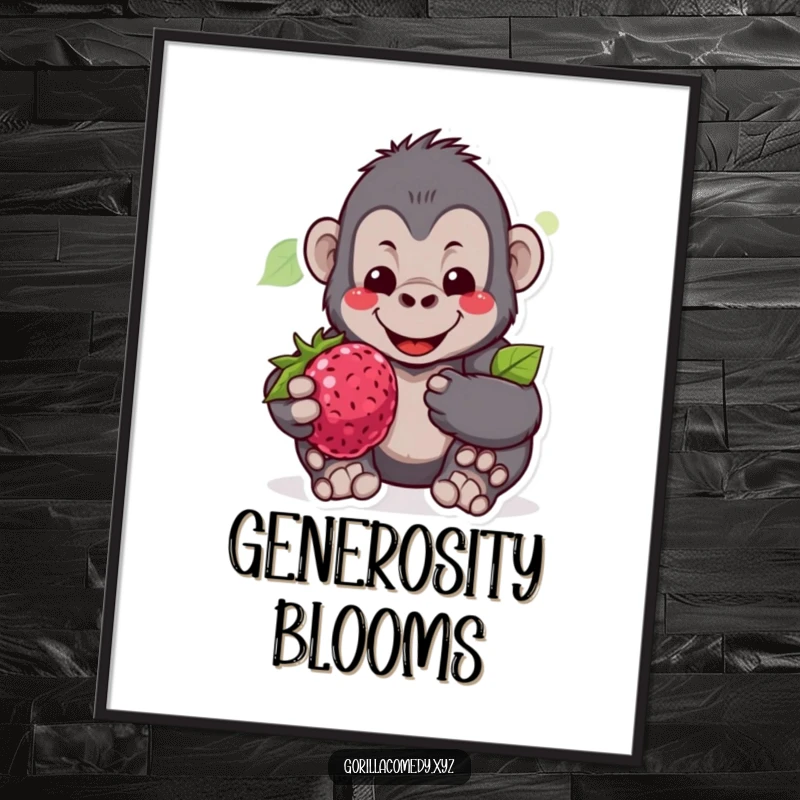 Funny digital art print of a gentle gorilla character smiling warmly while offering a large, juicy berry, symbolizing kindness.