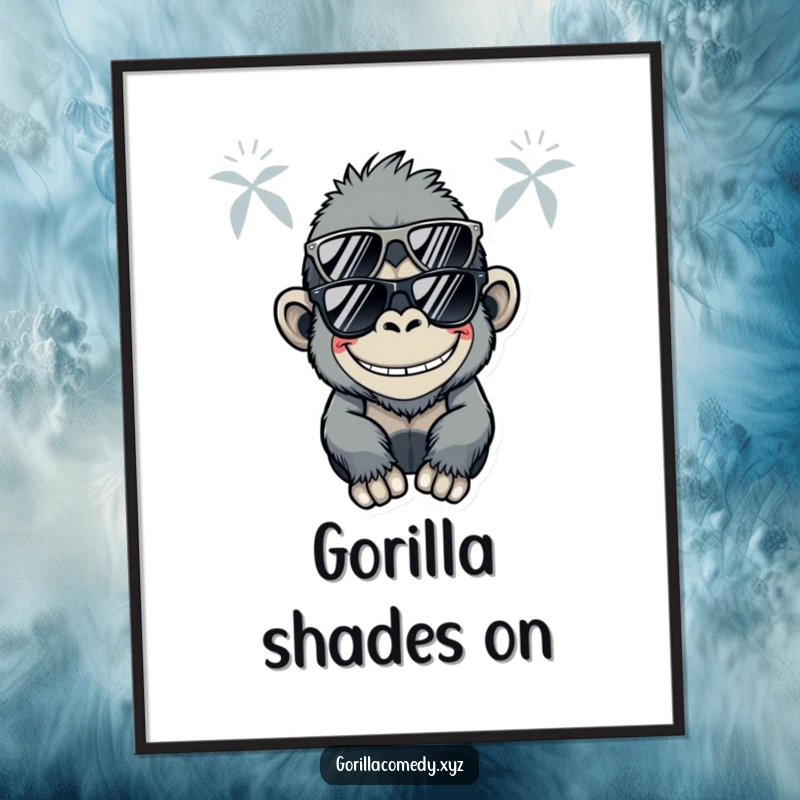 Funny Kawaii gorilla wearing sunglasses and a silly grin, presented as a high-resolution digital art print for cool decor.