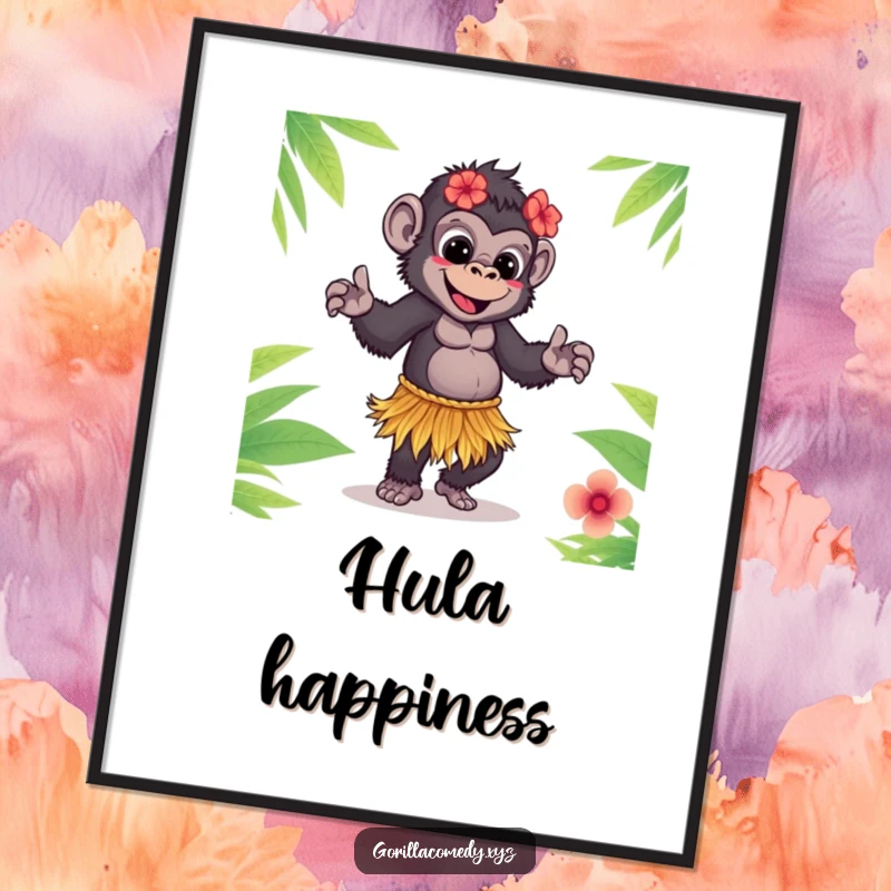 Funny Gorilla Digital Art: Cute gorilla in a grass skirt doing a playful hula dance, instant tropical fun.