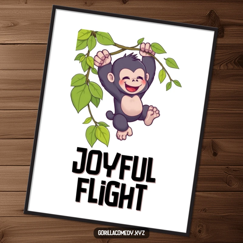 Funny kawaii gorilla digital art print, joyfully swinging, from a vine, humorous wall decor, instant download.