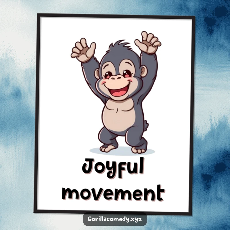 Funny kawaii gorilla digital art print, cheerful character, playful dance, humorous wall decor, instant download.