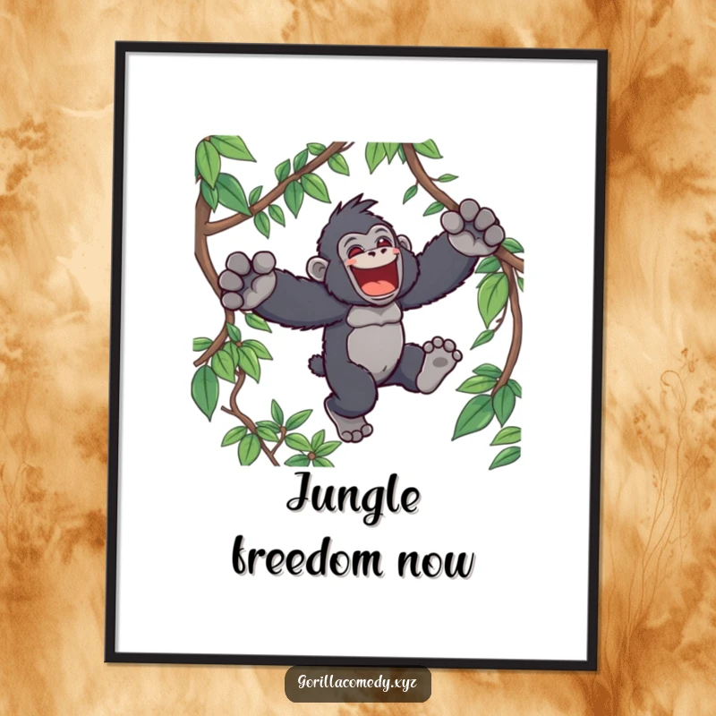 Funny Kawaii gorilla digital art print, depicting an ecstatic ape character leaping joyfully through lush jungle vines, adding vibrant humor to any room.