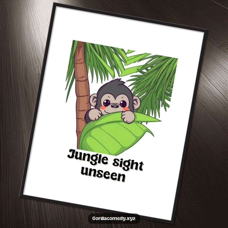 Funny Kawaii gorilla peeking from a large palm leaf, presented as a high-resolution digital art print for humorous decor.