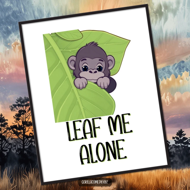 Funny digital art print of a curious gorilla peeking over a giant leaf, capturing jungle intrigue and playful humor.