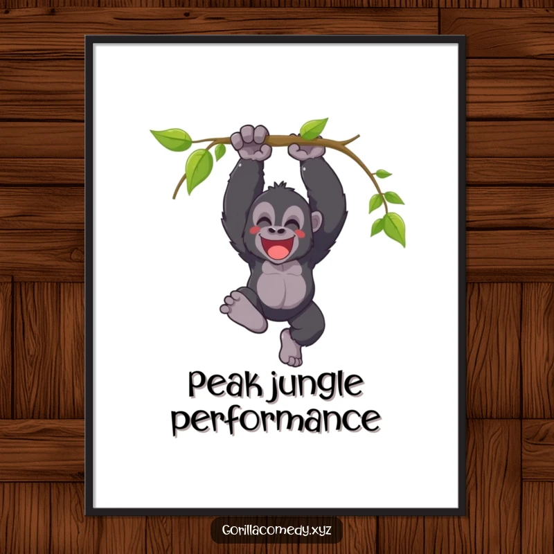 Funny digital art print of a joyful gorilla swinging from a vine with a triumphant yell, bringing energetic jungle celebration to walls.