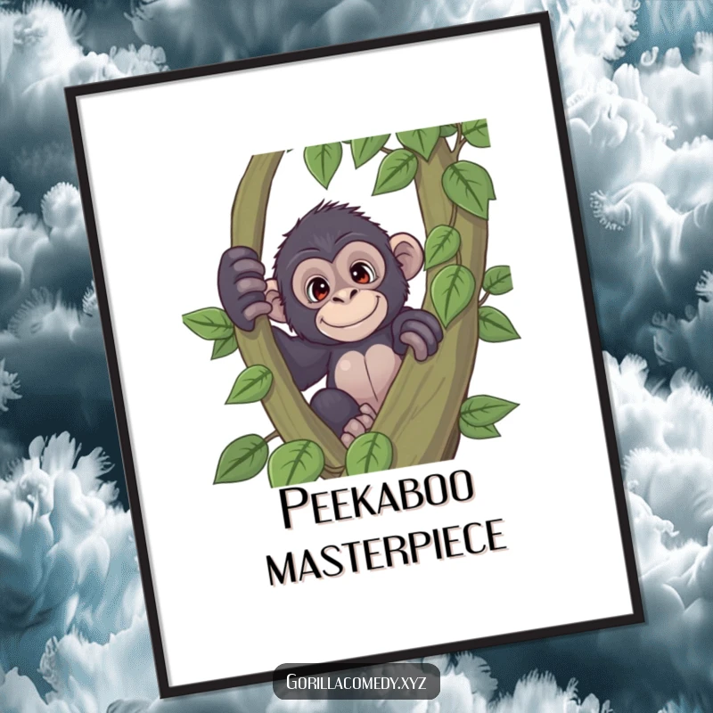 Funny playful gorilla digital art print showing a primate peeking from behind a vine, perfect for instant decor and a delightful funny gift.
