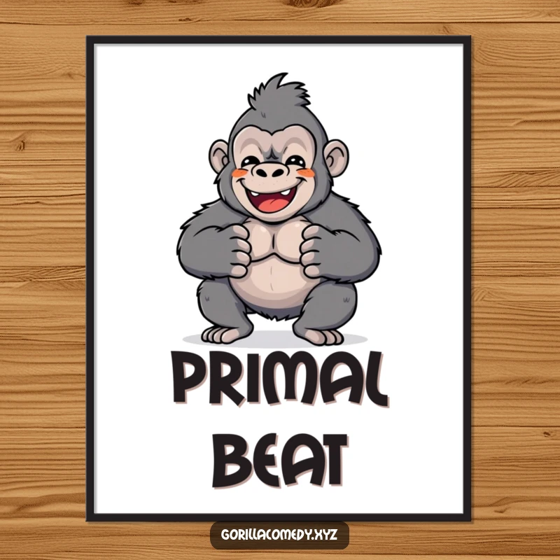 Funny digital art print of a cute Kawaii gorilla character energetically beating its chest with a grin. Instant download for wall art.