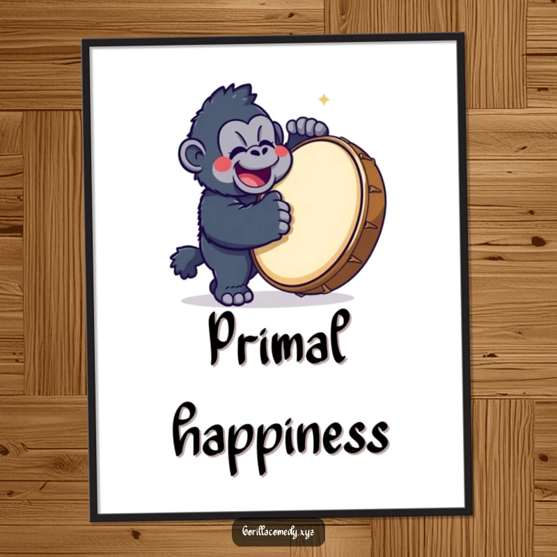 Funny Gorilla Drummer Digital Art Print of a cute kawaii gorilla character happily banging on a large drum, offering energetic, humorous art.