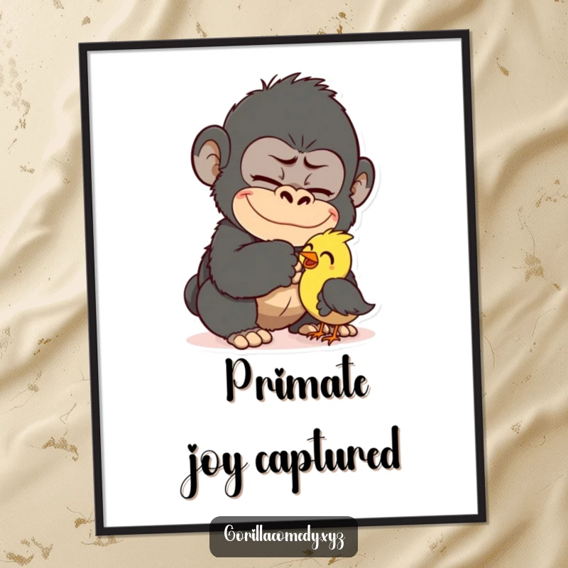 Funny Gorilla Tickling Bird Digital Art Print: Mischievous gorilla tickling a small bird, a delightful cartoon for instant download. Funny art gift.