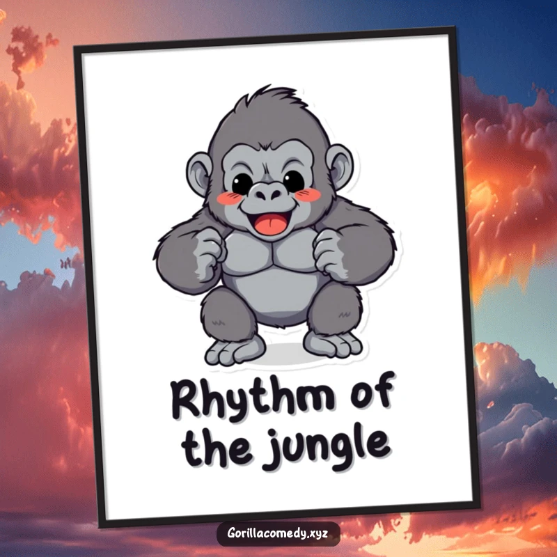 Funny Gorilla Chest Pound Digital Art Print: High-resolution art of a playful gorilla character rhythmically pounding its chest, ideal funny gift.