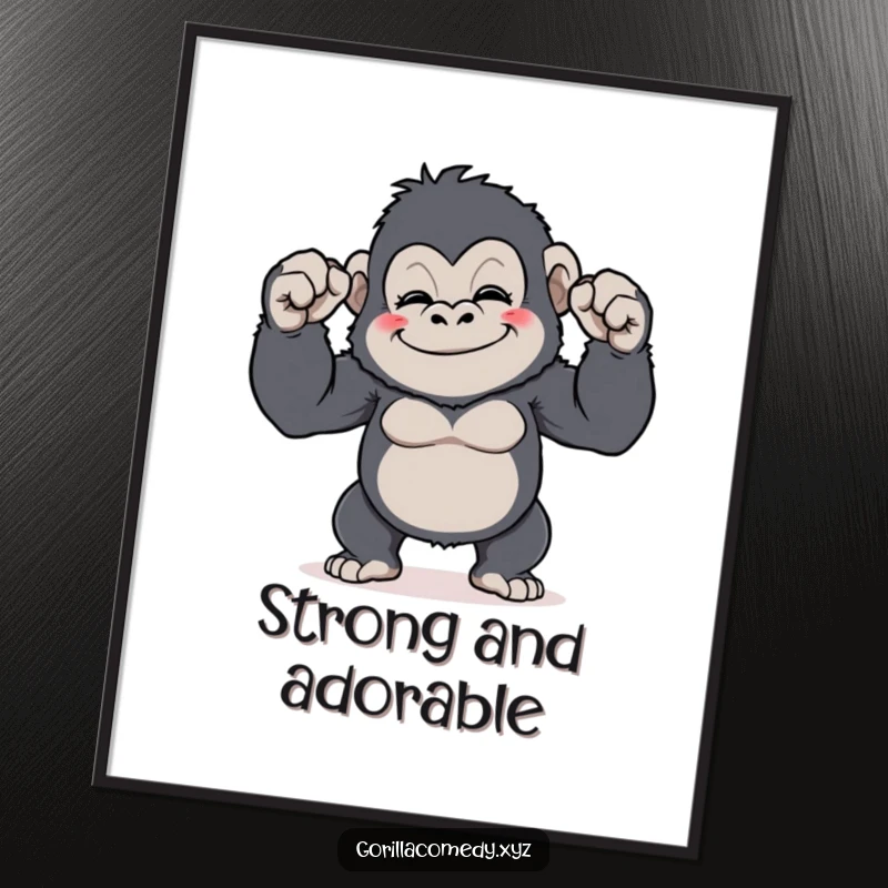 Funny Gorilla Flex Digital Art Print: High-resolution art of a grinning gorilla comically flexing its tiny biceps, ideal funny gift.