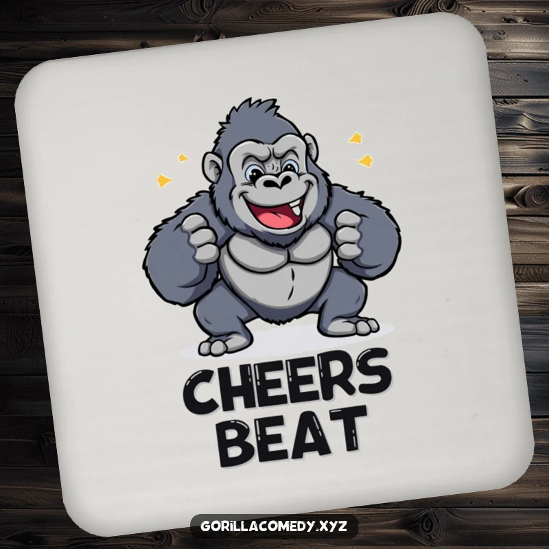 Funny drink coasters showcasing a cheerful gorilla pounding its chest rhythmically, adding a touch of energetic fun.