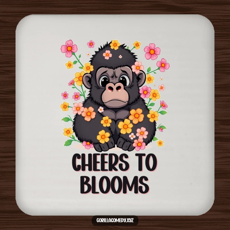 Funny drink coaster featuring a surprised gorilla covered in a delightful shower of flowers.