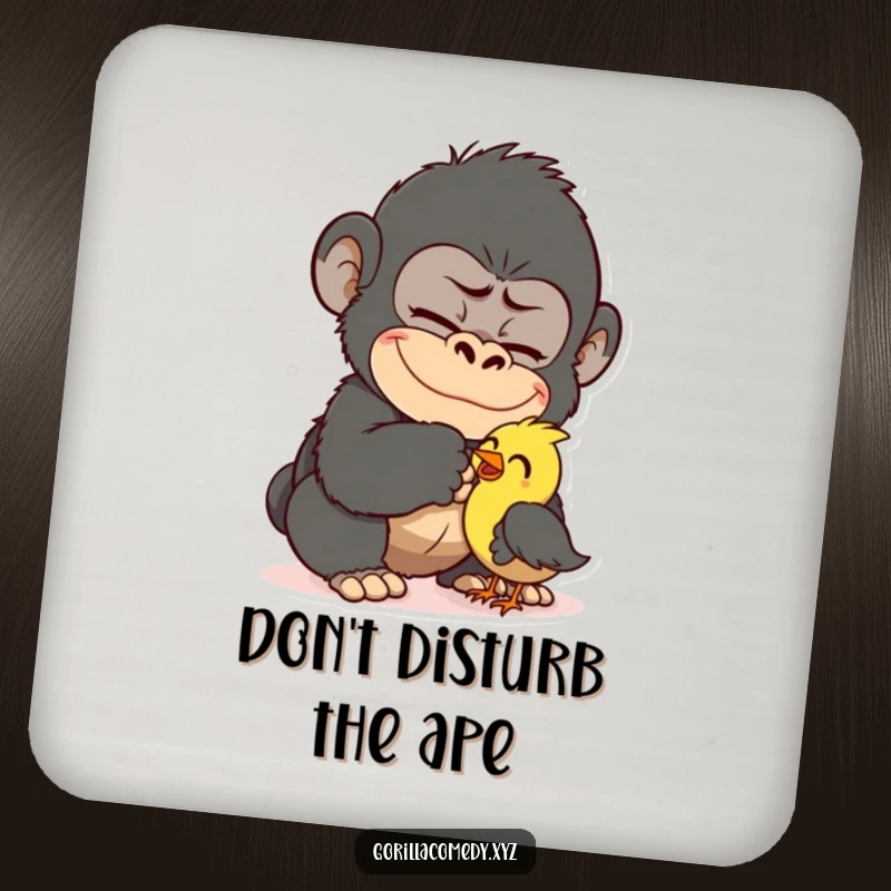 Funny Gorilla Tickling Bird Coaster: Mischievous gorilla tickling a small bird, a humorous and protective addition to your furniture. Great gift.