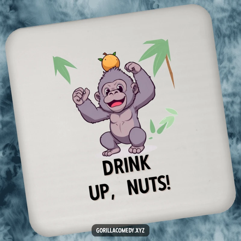 Funny gorilla coasters with a silly ape balancing coconuts, providing surface protection with humorous tropical flair.