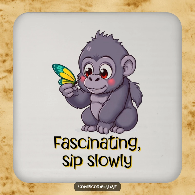Funny kawaii gorilla with curious eyes examining a butterfly on a drink coaster, adding a touch of nature's wonder to any table.