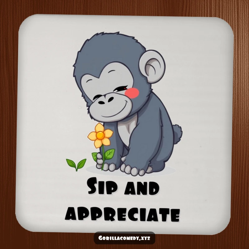 Funny curious gorilla drink coasters showing a character gently patting a flower, adding tenderness to your space, a funny gift.
