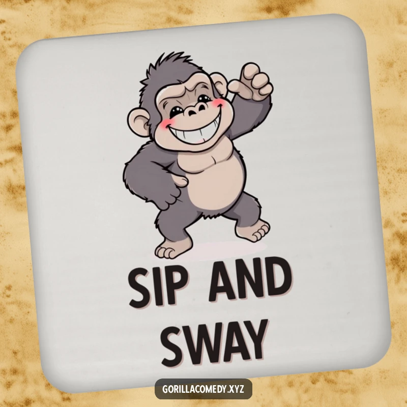 Funny gorilla coaster, depicting a grinning gorilla doing a playful and silly dance, for surface protection.