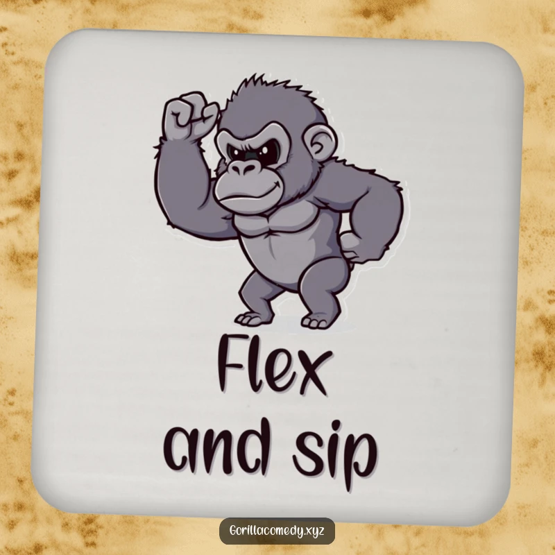 Funny gorilla drink coaster, determined character proudly flexing its tiny bicep, protecting surfaces humorously.