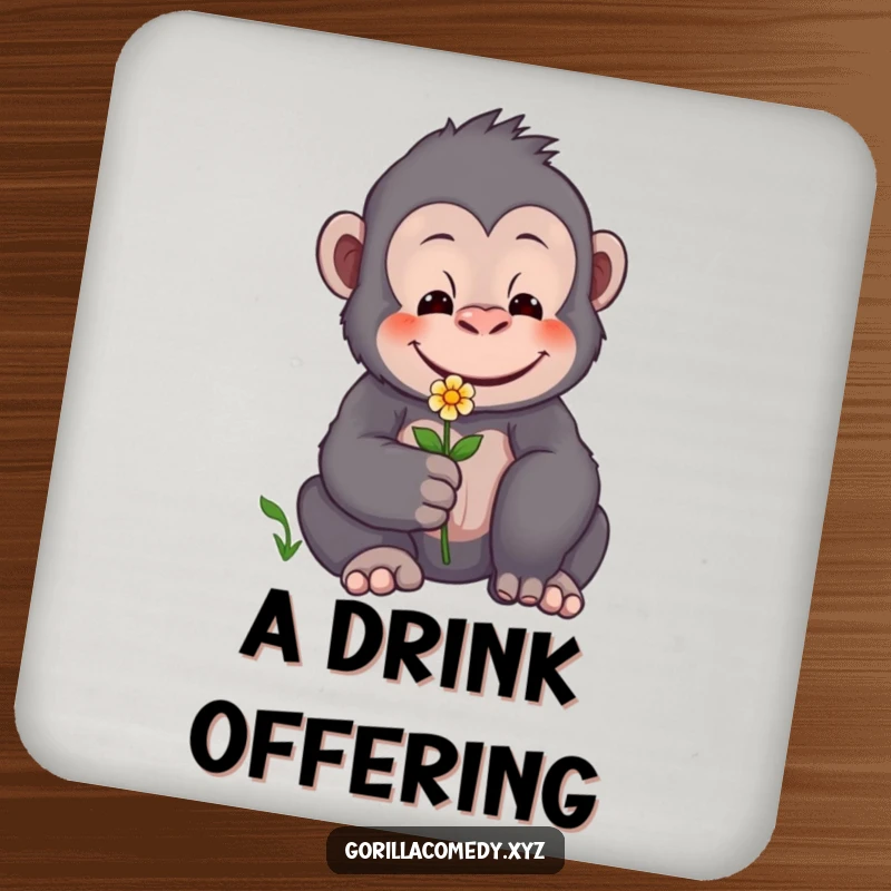 Funny drink coasters showcasing a gentle gorilla offering a flower, perfect for protecting surfaces with a loving touch.