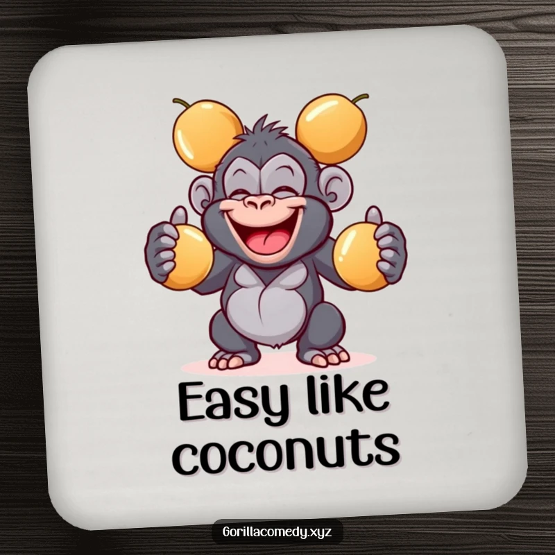 Funny gorilla drink coaster with a wide grin juggling three shiny coconuts, protecting surfaces with playful style, an ideal small funny gift.