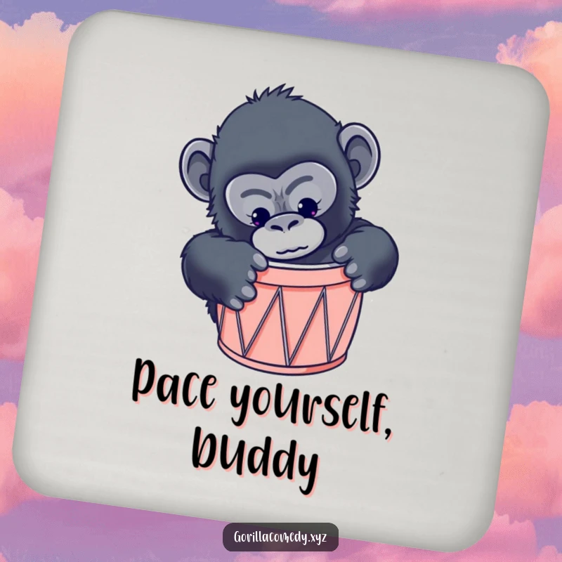 Funny gorilla drink coasters featuring a curious primate comically attempting to fit into a drum that is much too small.