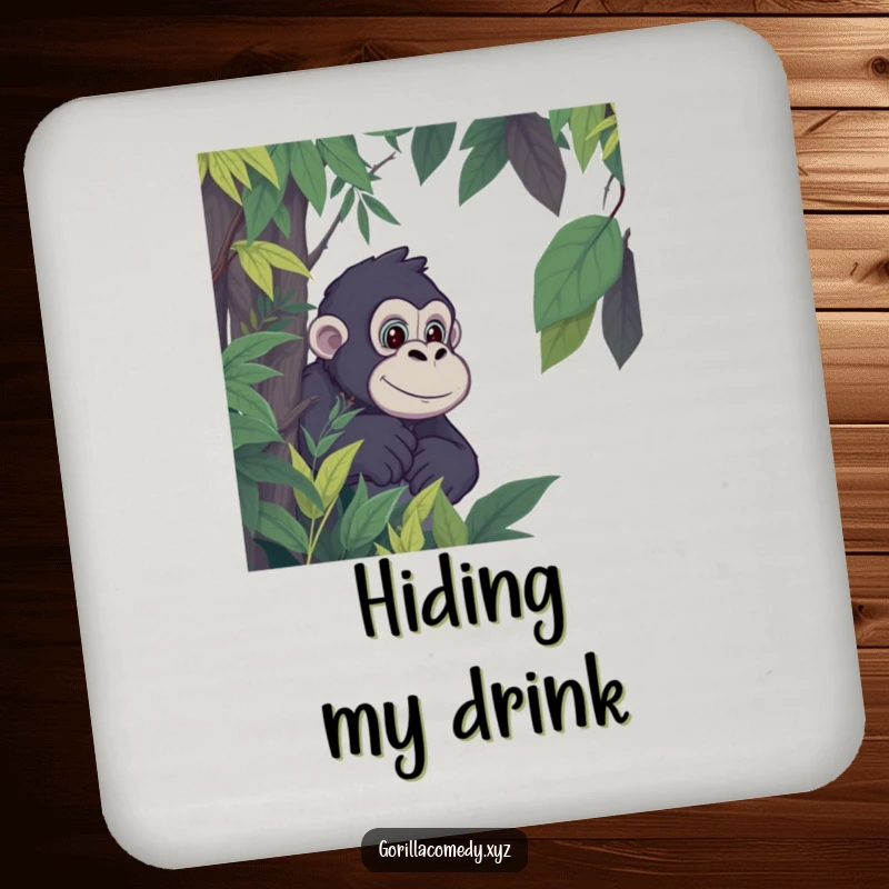 Funny Gorilla Jungle Coasters: Coasters with a cartoon gorilla peeking from jungle foliage, full of playful intrigue. Excellent funny gift.