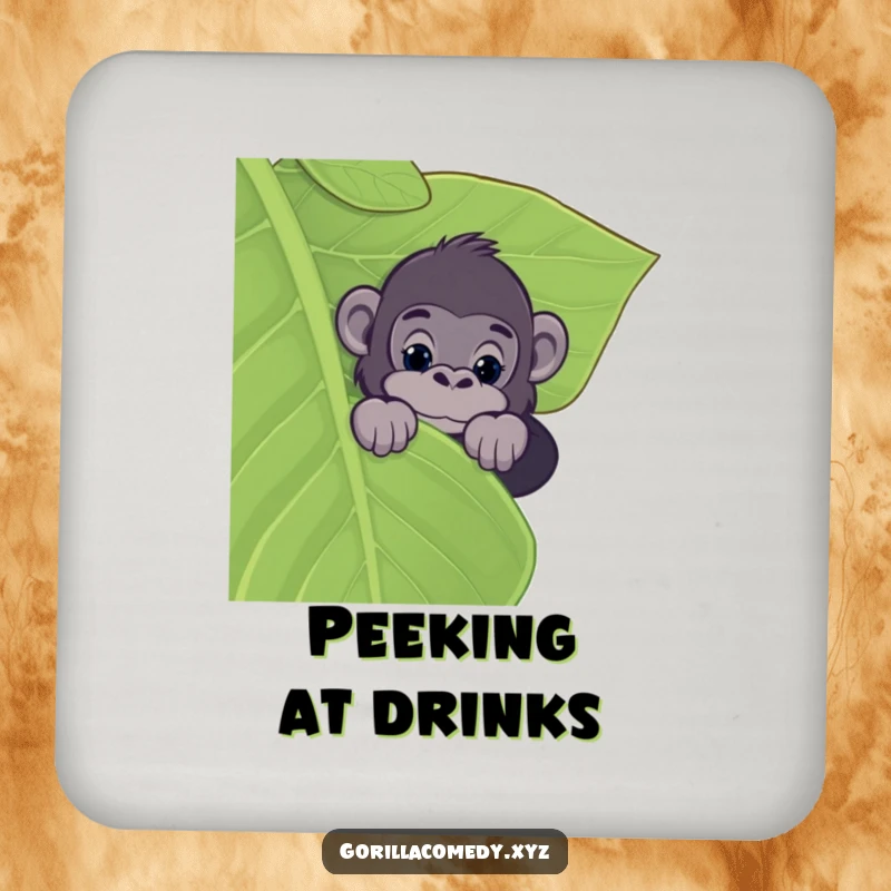 Funny drink coaster featuring a curious gorilla peeking over a large leaf, bringing jungle-themed humor to surfaces.