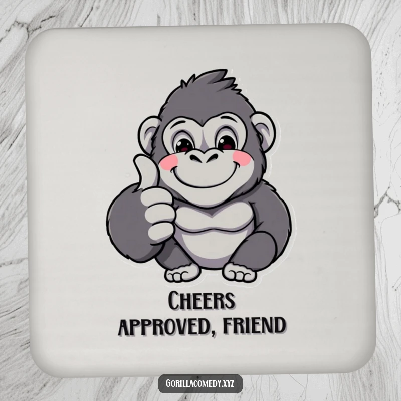 Funny kawaii gorilla character giving a cheerful thumbs up on a drink coaster, adding humor and protection to any surface.