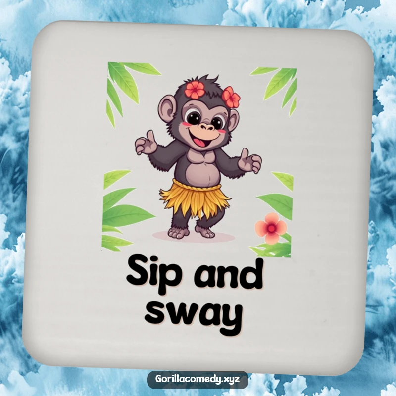 Funny Gorilla Coaster: Cute gorilla in a grass skirt doing a playful hula dance, protecting surfaces humorously.