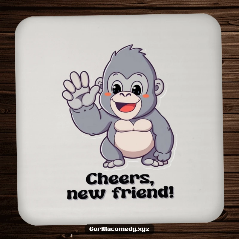Funny drink coaster featuring a Kawaii gorilla character giving a friendly wave, offering surface protection with a charming touch.