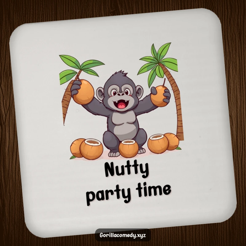 Funny Kawaii gorilla juggling coconuts on a set of coasters, offering protection with a humorous tropical vibe.