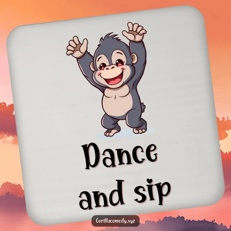 Funny kawaii gorilla coaster, cheerful character, playful dance, cute drink accessory, humorous table protector.