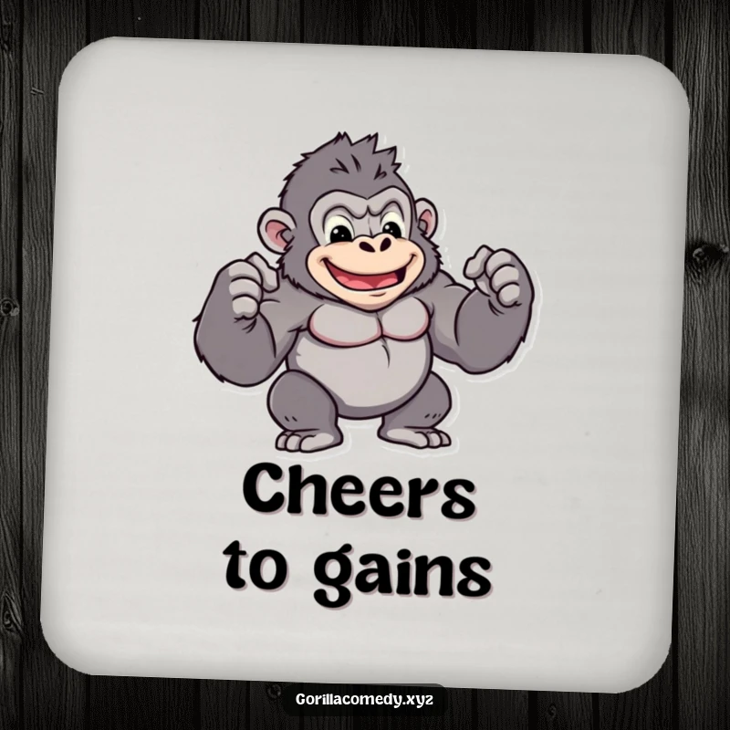 Funny kawaii gorilla drink coasters with a muscular character flexing biceps, protecting surfaces with humor, a funny gift.