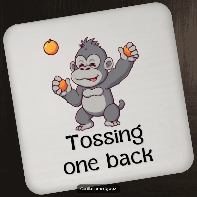 Funny drink coaster featuring a mischievous gorilla tossing a small fruit, bringing jungle mischief and humor to surfaces.
