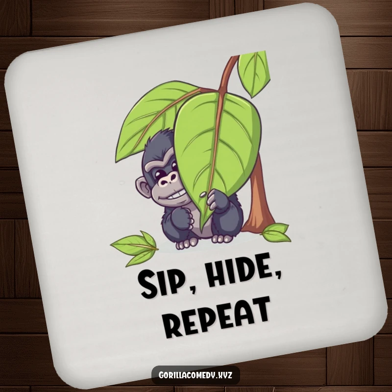 Funny gorilla coaster featuring a mischievous ape character hiding behind a leaf, peeking out with a chuckle, protecting surfaces with playful style.