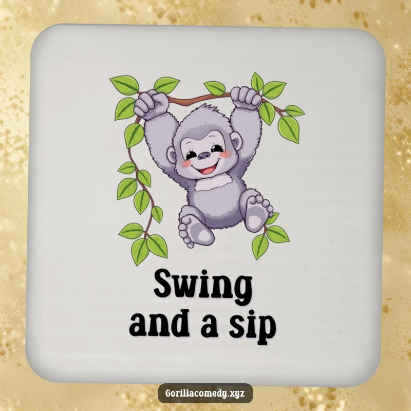 Funny gorilla coaster featuring a fluffy ape swinging happily from a vine, feet dangling, protecting surfaces with cheerful, humorous design.