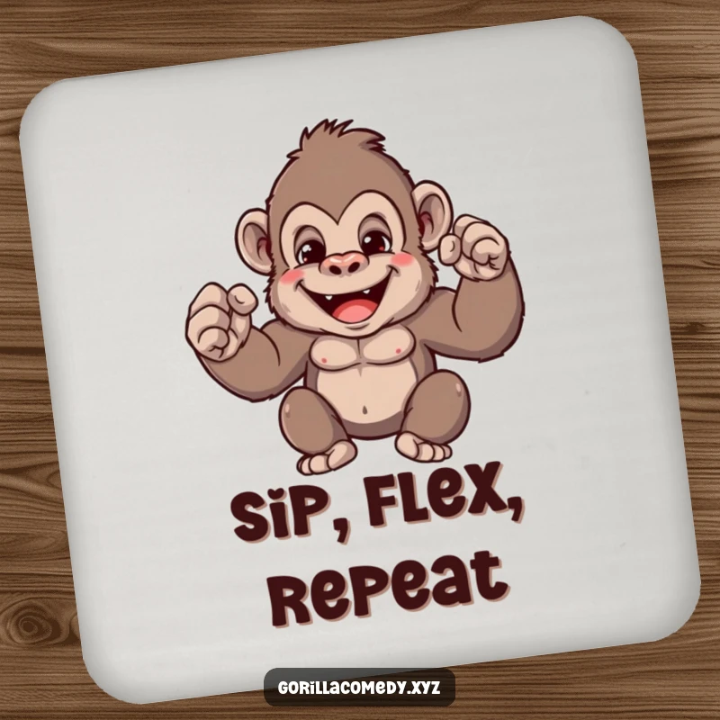 Funny gorilla coaster featuring a cute ape character flexing its minuscule muscles with a happy expression, protecting furniture with humorous style.