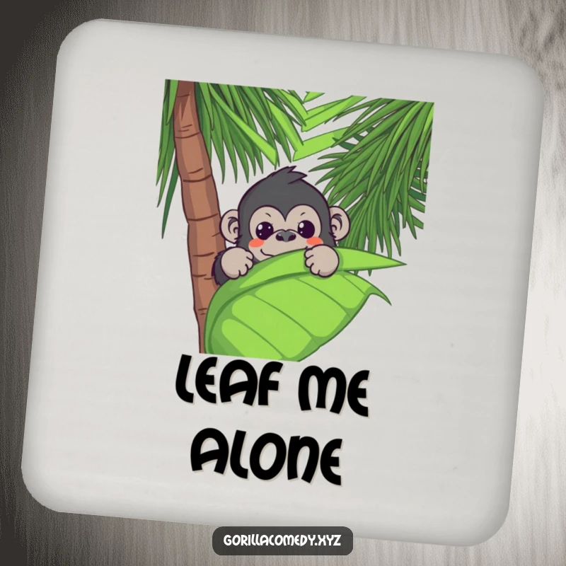 Funny Kawaii gorilla peeking from a palm leaf on a set of coasters, serving drinks with a humorous jungle vibe.