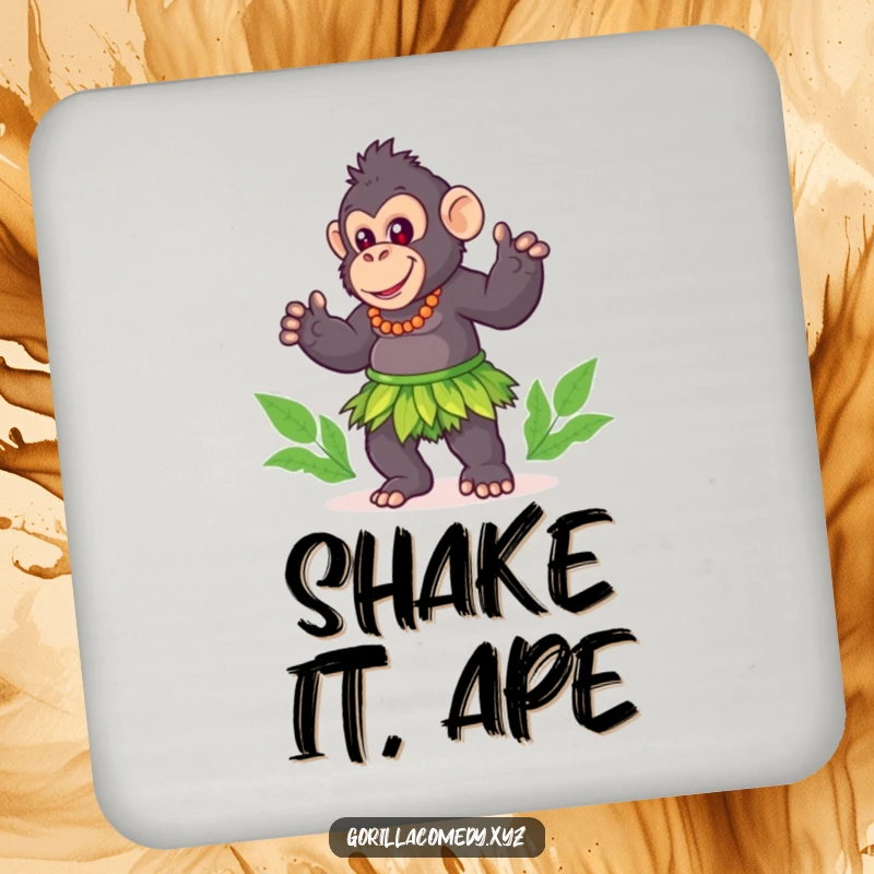 Funny gorilla drink coaster, cute character in a grass skirt, playfully doing a hula dance, protecting surfaces humorously.