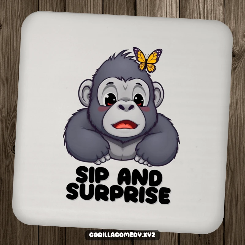 Funny Kawaii gorilla drink coaster, showing a surprised ape character with a butterfly on its nose, designed to protect surfaces with humor.