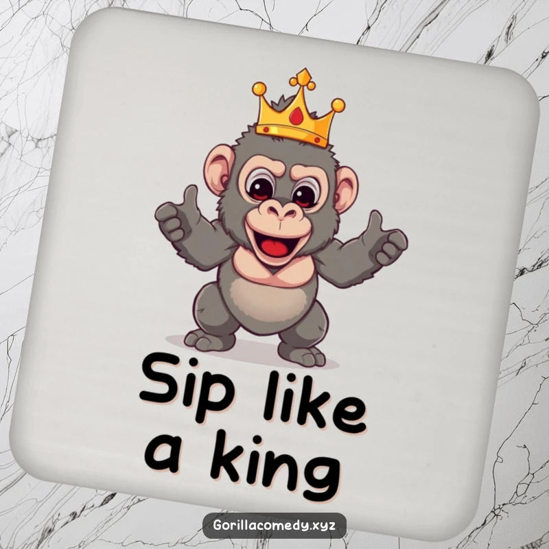 Funny Gorilla Royal Pose drink coasters featuring a crowned primate in a dramatic and funny pose, protecting surfaces.
