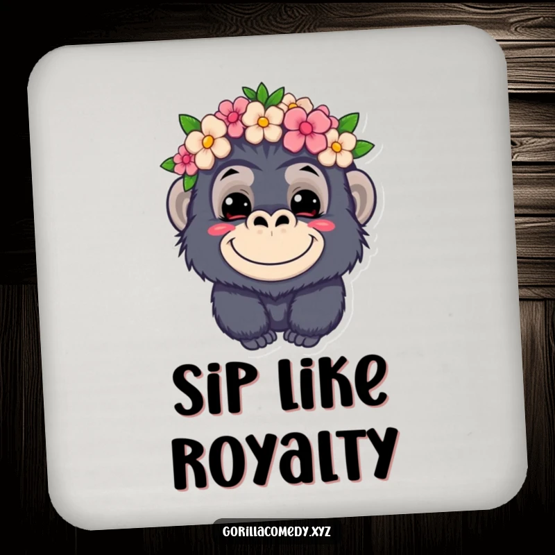 Funny kawaii gorilla coaster, mischievous grin, wearing a flower crown, cute drink accessory, humorous table protector.