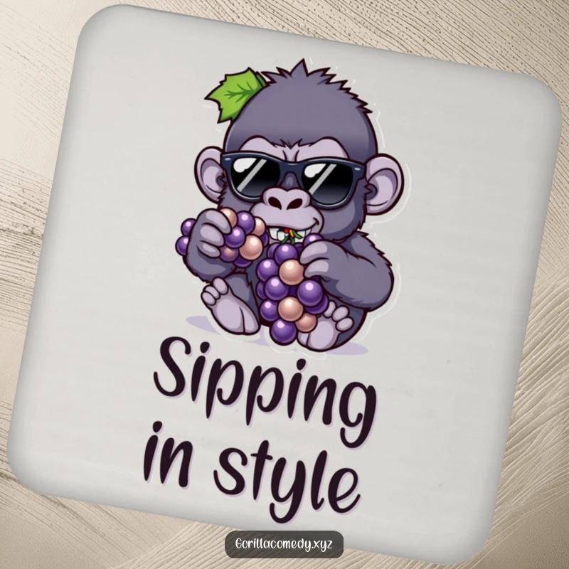 Funny coasters featuring a cool gorilla in tiny sunglasses eating grapes, providing humorous and stylish protection for drinks.